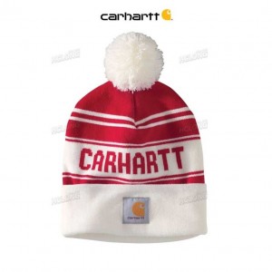 Carhartt Knit Pom-Pom Cuffed Logo Beanie Red | IN0002248