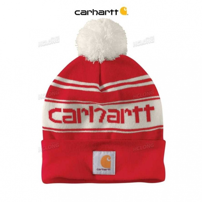 Carhartt Knit Pom-Pom Cuffed Logo Beanie Red / Winter White | IN0002251