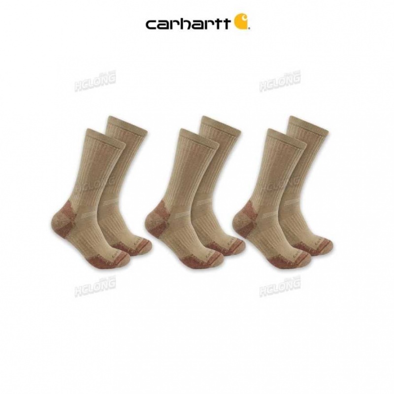 Carhartt Midweight Cotton Blend Crew Sock 3-Pack Khaki | IN0002717