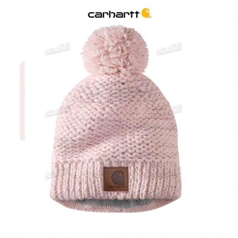 Carhartt Rib Knit Sherpa-Lined Pom-Pom Beanie Pink Salt | IN0002259