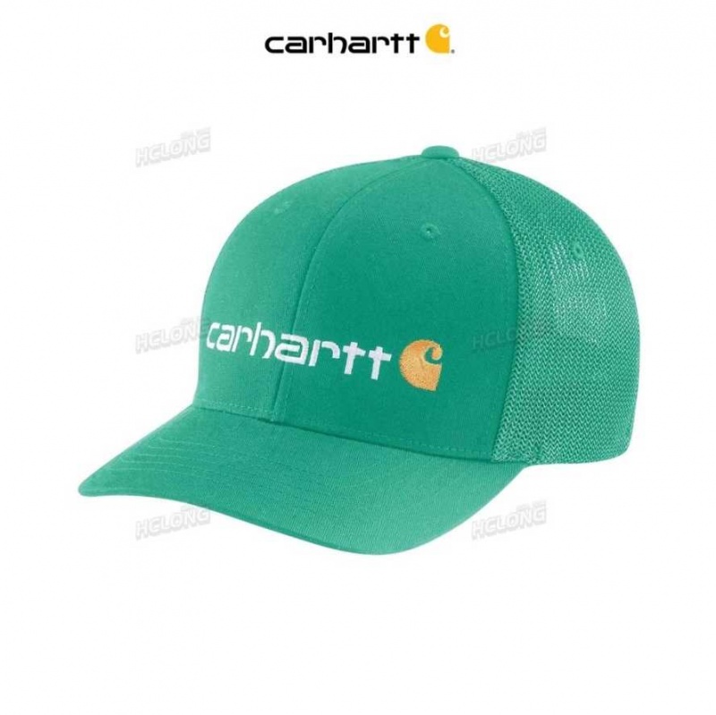 Carhartt Rugged Flex Fitted Canvas Mesh-Back Logo Graphic Cap Sea Green | IN0002417